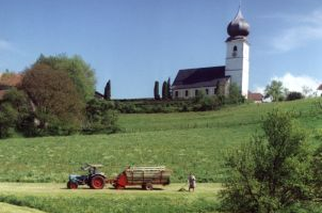 Mit einem Traktor mit Ladewagen wird Heu unterhalb einer Kirche aufgeladen.