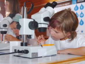 Ein Mädchen arbeitet an einem Mikroskop.