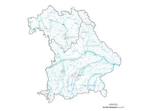 Karte für das bayerische Fließgewässernetz, auf der die modellierten Stoffkonzentrationen für den Stoff Carbamazepin farblich codiert zu einem ökotoxikologisch abgeleiteten Qualitätsziel dargestellt werden. Für den Stoff Carbamazepin wird das Qualitätsziel in Höhe von 500 ng/l flächendeckend erheblich unterschritten.