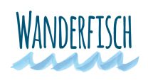Logo Wanderfisch: über angedeuteten blauen Wellen steht 'Wanderfisch'.