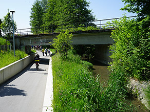 Ein Bach mit einem begleitenden Geh- und Radweg fließt unter einer Brücke hindurch. Gewässer und Weg sind durch eine Betonmauer voneinander getrennt. Eine Fahrradfahrerin und mehrere Spaziergänger im Hintergrund nutzen den Geh- und Radweg.