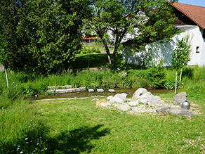 Felsen und Sitzsteine am Ufer eines Bachs laden zum Verweilen ein. Mehrere Trittsteine befinden sich im Bach.