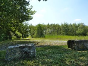 Zwei schattige Sitzplätze aus Natursteinquadern im Vordergrund. Dahinter eine Grünfläche mit Gehweg. Im Hintergrund eine Schilffläche und Bäume.