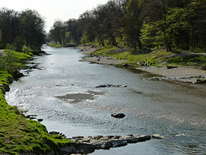 Ein Fluss mit flach überströmter Kiessohle und abgeflachten Ufern ist von Wald umgeben. Auf den Kiesflächen an den Ufern im Hintergrund befinden sich zahlreiche Personen. Ein Fluss mit flach überströmter Kiessohle und abgeflachten Ufern ist von Wald umgeben. Auf den Kiesflächen an den Ufern im Hintergrund befinden sich zahlreiche Personen.