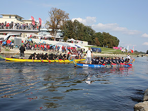 Auf einem Fluss zwei bunte Drachenboote mit mehreren Personen darin. Im Hintergrund eine große Menschenmenge am Flussufer und auf einem Aussichtsteg. Auf einem Fluss zwei bunte Drachenboote mit mehreren Personen darin. Im Hintergrund eine große Menschenmenge am Flussufer und auf einem Aussichtsteg.