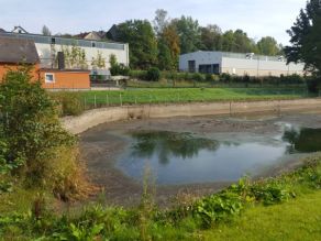Ein verlandeter Teich mit Ufermauer und Lagerhallen im Hintergrund. Ein verlandeter Teich mit Ufermauer und Lagerhallen im Hintergrund.