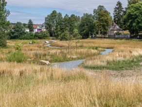 Ein Weg führt leicht geschwungen durch eine Wiese entlang der renaturierten Selb in Selb. Ein Weg führt leicht geschwungen durch eine Wiese entlang der renaturierten Selb in Selb.
