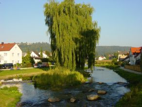 Ein Fluss mit Inselzone und abgeflachten Ufern in einem städtischen Bereich mit angrenzender Wohnbebauung Ein Fluss mit Inselzone und abgeflachten Ufern in einem städtischen Bereich mit angrenzender Wohnbebauung