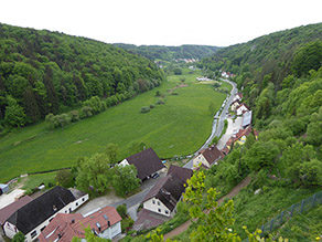 Blick von einem Hügel in das Tal der Trubach vor der Maßnahmenumsetzung: Im Vordergrund und am rechten Talrand eine Häuserreihe. Daran schließt sich eine Straße und unmittelbar daneben ein Bach an. Der verbleibende Talraum besteht überwiegend aus Grünland. Die beidseitigen Berghänge sind dicht bewaldet.