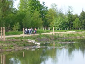 Vier Spaziergängerinnen mit Kinderwägen auf einem Gehweg am Ufer eines Flusses. Junge Bäume wurden am Wegesrand gepflanzt. Die Flussufer sind noch spärlich bewachsen. Vier Spaziergängerinnen mit Kinderwägen auf einem Gehweg am Ufer eines Flusses. Junge Bäume wurden am Wegesrand gepflanzt. Die Flussufer sind noch spärlich bewachsen.