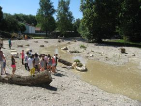 Eine Gruppe Kinder ist um einen Sitzstein an der Würm versammelt. Daneben fließt erstes Wasser durch das frisch hergestellte, kiesige Gewässerbett. Eine Gruppe Kinder ist um einen Sitzstein an der Würm versammelt. Daneben fließt erstes Wasser durch das frisch hergestellte, kiesige Gewässerbett.