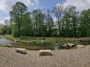 Panoramaaufnahme der Grünanlage am neuen Seitenarm der Würm mit Störsteinen und Totholz im Wasser zur Erhöhung der Fließdynamik. Im Vordergrund Sitzsteine am flachen Kiesufer. Panoramaaufnahme der Grünanlage am neuen Seitenarm der Würm mit Störsteinen und Totholz im Wasser zur Erhöhung der Fließdynamik. Im Vordergrund Sitzsteine am flachen Kiesufer.