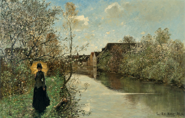 Historisches Gemälde einer Dame mit Schirm, die am Ufer eines Flusses spazieren geht. Die Flussufer sind gesäumt von blühenden Gehölzen. Im Hintergrund einige Häuser in der Nähe des Gewässers.