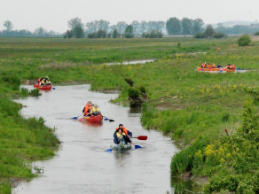 Ein renaturierter Fluss mäandriert durch eine Wiesenlandschaft. Mehrere Personen befahren den Fluss mit Kanus.