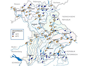 Darstellung der Jahresmittelwerte größer 10 °C und kleiner 10 °C, auf einer Bayernkarte mit den Fließgewässern