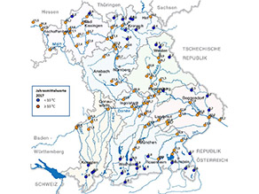 Darstellung der Jahresmittelwerte größer 10 °C und kleiner 10 °C, auf einer Bayernkarte mit den Fließgewässern Darstellung der Jahresmittelwerte größer 10 °C und kleiner 10 °C, auf einer Bayernkarte mit den Fließgewässern