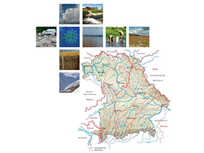 Es sind insgesamt 9 kleinere Bilder aus den Arbeitsbereichen des Gewässerkundlichen Dienstes abgebildet, rechts unten ist eine Übersichtskarte von Bayern mit den Gewässernetzen zu erkennen