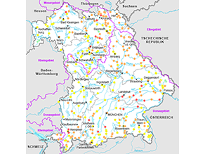 Bayernkarte mit den Messstellen zum Jahresabfluss. Die nähere Erläuterung erfolgt im nachfolgenden Text.