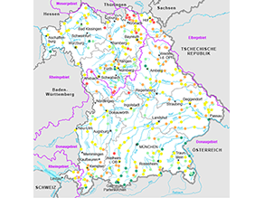 Bayernkarte mit den Messstellen für den Tagesabfluss