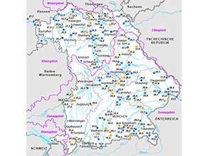 Bayernkarte mit den 118 Messstellen für den Jahresabfluss an Fließgewässern