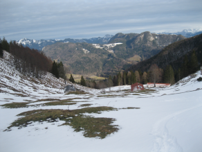 Schneearmut: braune, grasige Flecken zwischen Schneeflächen im Vordergrund. Im Hintergrund sind bewaldete Berge unter wolkenverhangenem Himmel.