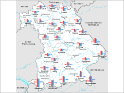 Bayernkarte: Niederschlagshöhen der Messstationen; im Süden mehr als im Norden Bayerns.