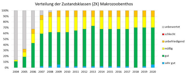 Grafik zu den Zustandsklassen (ZK) der Qualitätskomponente Makrozoobenthos an den Überblicksmessstellen (insgesamt 37) in den Jahren 2004 bis 2020. Weitere Erläuterung im nachstehenden Text.