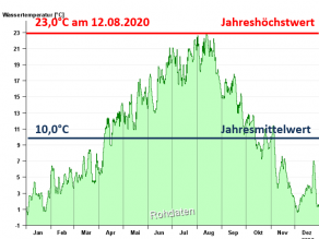 Liniengrafik Jahresverlauf der Wassertemperatur in 2020 am Pegel Windischeschenbach/Waldnaab: niedrige Temperaturwerte um 1°C in den Wintermonaten, Anstieg auf hohe Temperaturen in den Sommermonaten bis zu 23,0°C (Jahreshöchstwert) und wieder abfallend zu den Wintermonaten. Der Jahresmittelwert liegt bei 10,0°C.