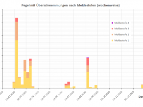 In der Grafik ist zu sehen, dass Überschwemmungen, klassifiziert durch die Meldestufen 1 bis 4, nicht gleichmäßig über das Jahr verteilt sind. Eine erste Hochwasser-Periode gab es von Anfang Februar bis Mitte März, dabei traten Anfang Februar an über 100 Pegeln Wasserstände der Meldestufen 1 bis 3 auf. Mitte Juli ist ein kleineres Hochwasser erkennbar. Anfang August ist ein zweites größeres Hochwasser mit Überschwemmungen der Meldestufe 1 bis 3 an etwa 50 Pegeln, und an einem Pegel auch Meldestufe 4, zu sehen. Im April und Mai sowie von September bis Mitte Dezember traten keine Überschwemmungen auf. In der Grafik ist zu sehen, dass Überschwemmungen, klassifiziert durch die Meldestufen 1 bis 4, nicht gleichmäßig über das Jahr verteilt sind. Eine erste Hochwasser-Periode gab es von Anfang Februar bis Mitte März, dabei traten Anfang Februar an über 100 Pegeln Wasserstände der Meldestufen 1 bis 3 auf. Mitte Juli ist ein kleineres Hochwasser erkennbar. Anfang August ist ein zweites größeres Hochwasser mit Überschwemmungen der Meldestufe 1 bis 3 an etwa 50 Pegeln, und an einem Pegel auch Meldestufe 4, zu sehen. Im April und Mai sowie von September bis Mitte Dezember traten keine Überschwemmungen auf.