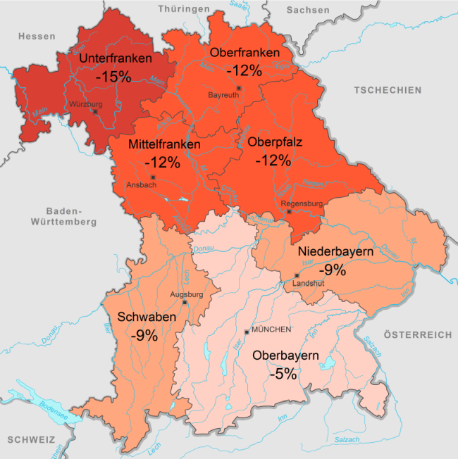In der Bayernkarte sind die prozentualen Jahresniederschlagsdefizite der sieben Regierungsbezirke dargestellt. Dafür wurde für jeden Regierungsbezirk der Gebietsniederschlag des Jahres 2020 ermittelt und ins Verhältnis zum Mittel 1971 bis 2000 gesetzt. Mit minus 15 Prozent ist das Niederschlagsdefizit für das Gebiet Unterfranken am größten. Es folgen Oberfranken, Mittelfranken und die Oberpfalz mit 12 Prozent zu wenig Niederschlag sowie Schwaben und Niederbayern mit einem Minus von 9 Prozent. Der Gebietsniederschlag Oberbayern hatte im Jahr 2020 die geringste Abweichung zum Mittel, minus 5 Prozent.