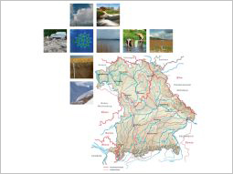 9 kleinere Bilder aus den Arbeitsbereichen des Gewässerkundlichen Dienstes sind abgebildet, rechts unten ist eine Übersichtskarte von Bayern mit den Gewässernetzen zu erkennen.