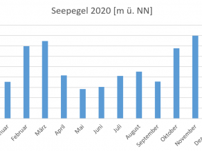 Balkendiagramm der mittleren monatlichen Seehöhen am Sylvensteinspeicher für das Jahr 2020 in Meter über Normal Null. Das Stauziel konnte in diesem Jahr aufgrund der ausbleibenden Niederschläge nicht immer gehalten werden.