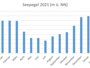 Balkendiagramm der mittleren monatlichen Seehöhen am Sylvensteinspeicher für das Jahr 2021 in Meter über Normal Null. Das Diagramm zeigt, dass das Stauziel 2021, bis auf wenige Tage, eingehalten werden konnte.