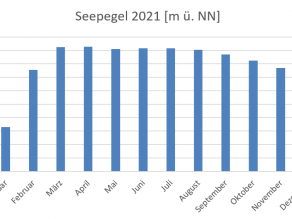 Balkendiagramm der mittleren monatlichen Seehöhen der Trinkwassertalsperre Mauthaus für das Jahr 2021 in Meter über Normal Null. Zu erkennen ist, im Gegensatz zum Jahr 2020, der gleich hohe Seewasserstand auch gegen Ende des Jahres 2021.
