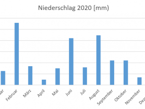 Balkendiagramm der Summen der Monatsniederschläge am Großen Brombachsee in Millimeter für das Jahr 2020. Auffallend ist auch hier, angenähert an Abbildung 1, der erhöhte Niederschlag in den Monaten Februar, Juni und August.