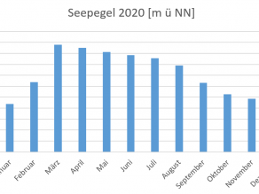 Balkendiagramm der mittleren monatlichen Seehöhen am Großen Brombachsee für das Jahr 2020 in Meter über Normal Null. Zu erkennen ist der stark fallende Seewasserstand gegen Ende des Jahres 2020.