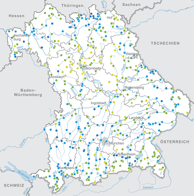 Bayernkarte mit farblicher Kennung der mittleren Abflüsse für das Abflussjahr 2024 in [%] des langjährigen mittleren Abflusses an verschiedenen Pegeln (Rohdaten). Die nähere Erläuterung erfolgt im nachfolgenden Text.