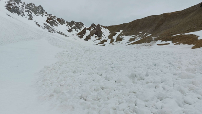 In einem Bergkessel ist eine mittelgroße Lockerschneelawine von selbst abgegangen. Ihre Ablagerungsfläche dominiert das Bild. Rechts im Bild ist ein überwiegend schneefreier, südexponierter Schrofenhang zu sehen. In den nördlichen Expositionen, links im Bild, liegt noch Schnee. Der Himmel ist wolkenbedeckt.