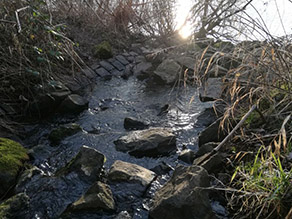 Teilweise baufälliger Verbau einer Bachmündung, angrenzend ein großer Fluss und Gehölze.