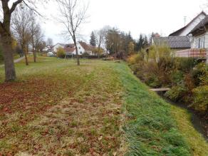 Gerade verlaufender Bach, an einer Seite grenzen Gärten und Wohnbebauung an, auf der anderen Seite parkartiges Gelände mit Wiese, Einzelbäumen und Spielplatz.