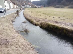 Von links nach rechts zu erkennen: Häuserzeile entlang einer Straße, gleich daneben ein begradigter Bach. Auf der anderen Bachseite schließt Grünland an.