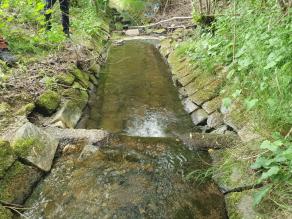 Bachlauf mit versteinter Sohle und Ufern sowie Absturz, der aufgrund seiner Höhe nicht ökologisch durchgängig ist.