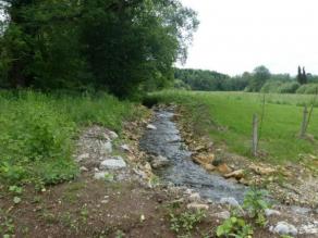 Neu angelegter Bachlauf mit Störsteinen und Strömungsdiversität. Am Ufer befinden sich Gehölzanpflanzungen.