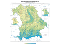 Farbige Rasterkarte der mittleren Grundwasserneubildung aus Niederschlag im Zeitraum 1970-2000. Die Karte entspricht dem Druckbild der Hydrogeologischen Karte von Bayern 1:500.000, Blatt 4