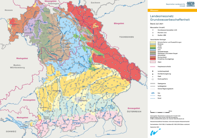 Es ist die Verteilung der Grundnetz Messstellen im Landesmessnetz Grundwasser vor dem Hintergrund der vereinfachten Hydrogeologie und des Gewässernetzes dargestellt. Zudem sind Siedlungen und Verwaltungsgrenzen eingezeichnet. Der Stand ist 2019.