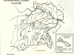Karte mit Überschwemmungsgebieten der Hochwasserkatastrophe 1954 in ganz Bayern.