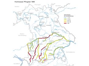 Südbayerische Fließgewässer mit farblicher Kennung wo wieviel Wasser abfließt