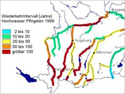 Bayernkarte mit Flüssen 1. und 2. Ordnung. Die partielle Einfärbung der Gewässer zeigt die Jährlichkeiten der Abflüssen beim Hochwasser 1999 in bestimmten Abschnitten. Bayernkarte mit Flüssen 1. und 2. Ordnung. Die partielle Einfärbung der Gewässer zeigt die Jährlichkeiten der Abflüssen beim Hochwasser 1999 in bestimmten Abschnitten.