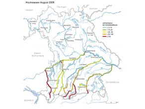 Bayernkarte mit Flüssen 1. und 2. Ordnung. Die partielle Einfärbung der Gewässer zeigt die Jährlichkeiten der Abflüssen bei Hochwasser 2005 in bestimmten Abschnitten.