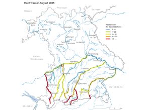 Bayernkarte mit Flüssen 1. und 2. Ordnung. Die partielle Einfärbung der Gewässer zeigt die Jährlichkeiten der Abflüssen bei Hochwasser 2005 in bestimmten Abschnitten.